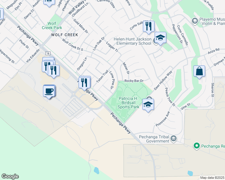 map of restaurants, bars, coffee shops, grocery stores, and more near 46382 Lone Pine Drive in Temecula