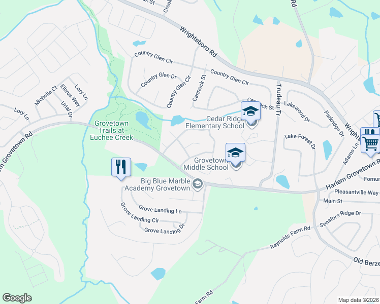 map of restaurants, bars, coffee shops, grocery stores, and more near 2009 Darwood Drive in Grovetown
