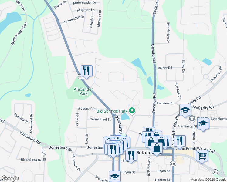 map of restaurants, bars, coffee shops, grocery stores, and more near 415 Oakpark Terrace in McDonough
