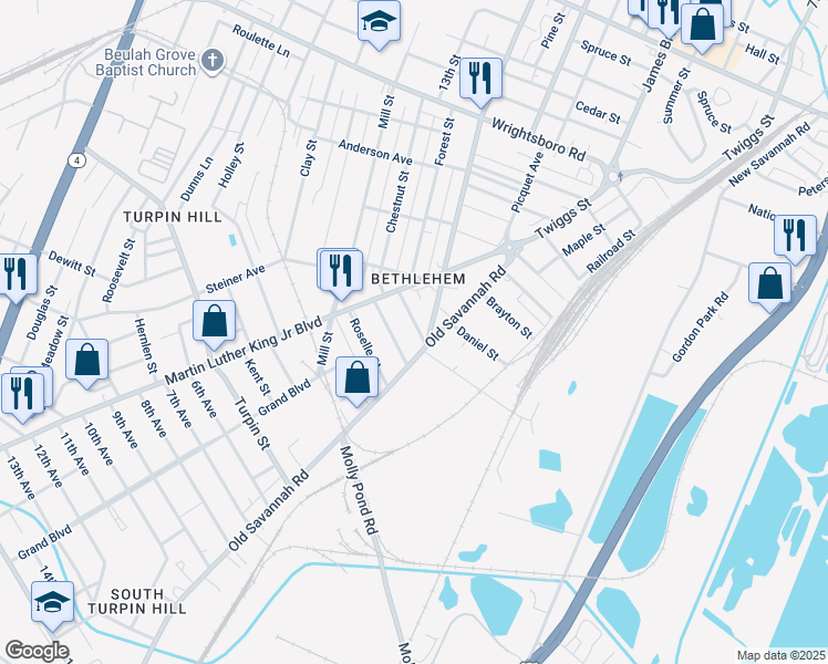 map of restaurants, bars, coffee shops, grocery stores, and more near 1116 Camille Street in Augusta