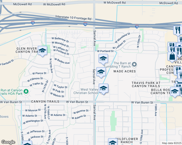 map of restaurants, bars, coffee shops, grocery stores, and more near 16333 West McKinley Street in Goodyear