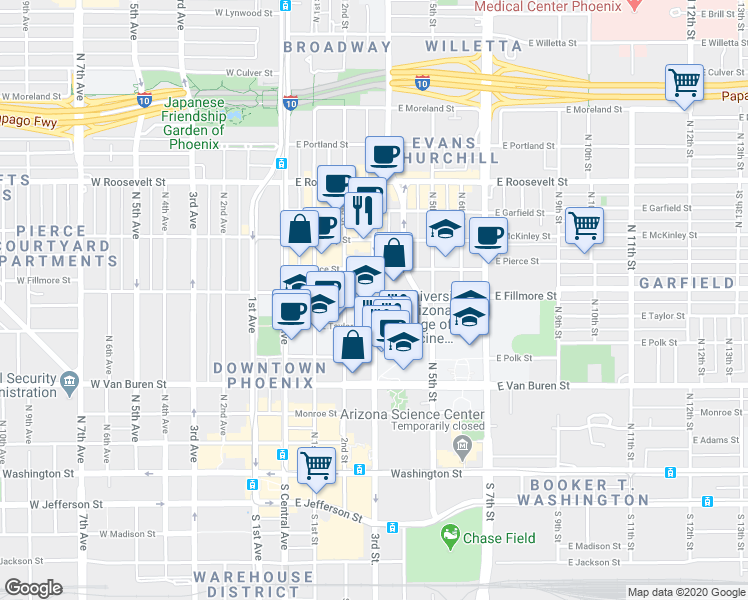 map of restaurants, bars, coffee shops, grocery stores, and more near North 3rd Street & East Fillmore Street in Phoenix