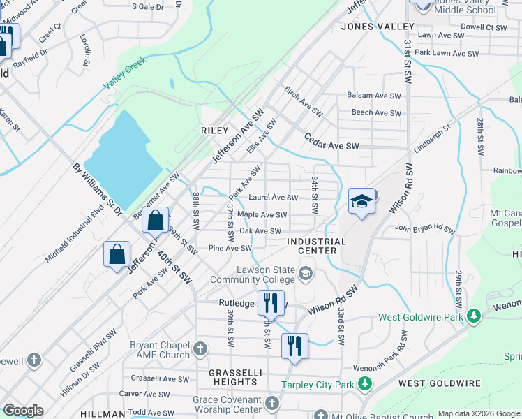 map of restaurants, bars, coffee shops, grocery stores, and more near 3600 Maple Avenue Southwest in Birmingham