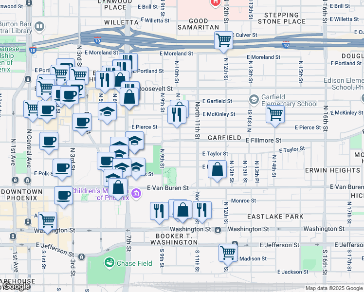 map of restaurants, bars, coffee shops, grocery stores, and more near 513 North 10th Street in Phoenix