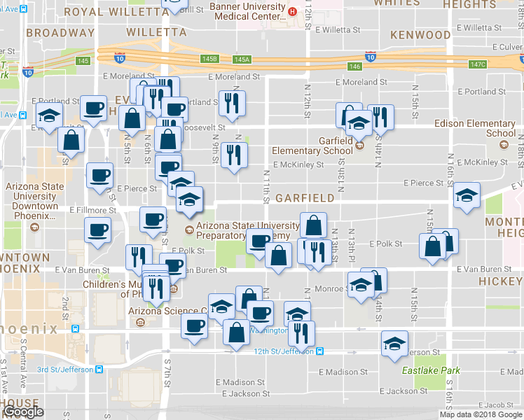 map of restaurants, bars, coffee shops, grocery stores, and more near 516 North 11th Street in Phoenix