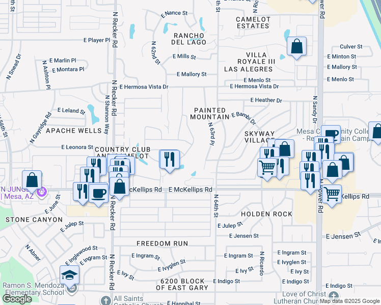 map of restaurants, bars, coffee shops, grocery stores, and more near 2112 North 63rd Place in Mesa