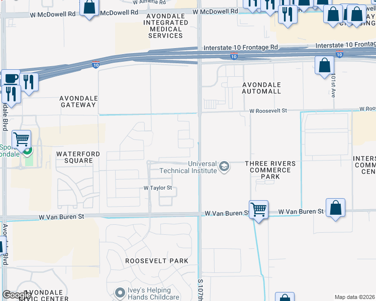 map of restaurants, bars, coffee shops, grocery stores, and more near 10702 West Van Buren Street in Avondale