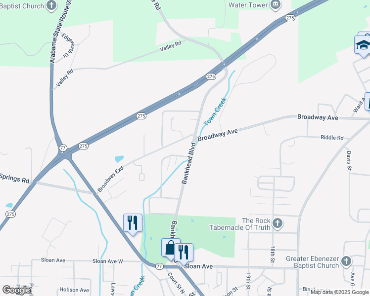 map of restaurants, bars, coffee shops, grocery stores, and more near 1006 Bankhead Boulevard in Talladega