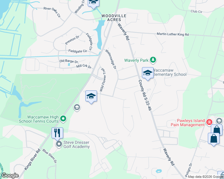 map of restaurants, bars, coffee shops, grocery stores, and more near 390 Watersedge Drive in Pawleys Island