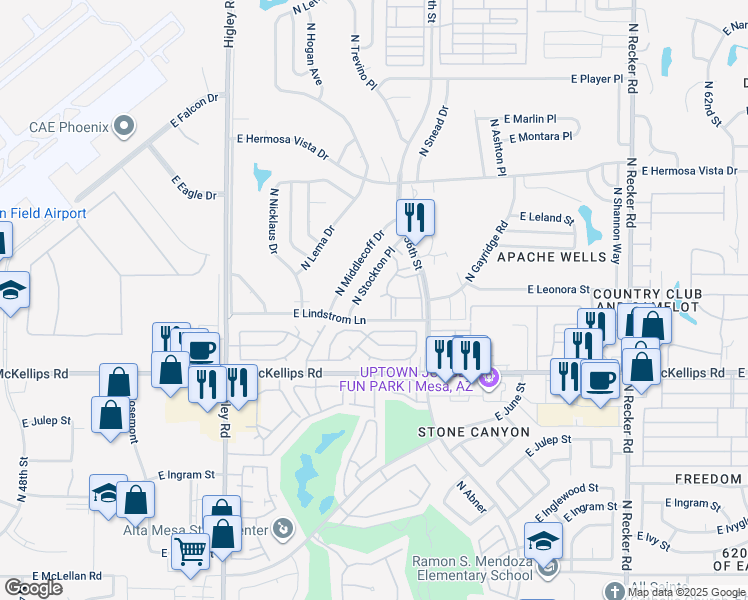 map of restaurants, bars, coffee shops, grocery stores, and more near 58 North Stockton Place in Mesa