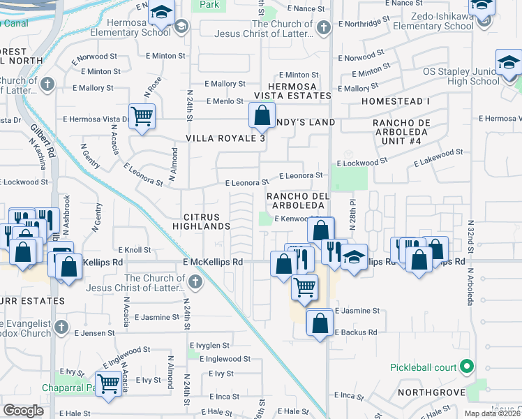 map of restaurants, bars, coffee shops, grocery stores, and more near 2130 North Glenview in Mesa