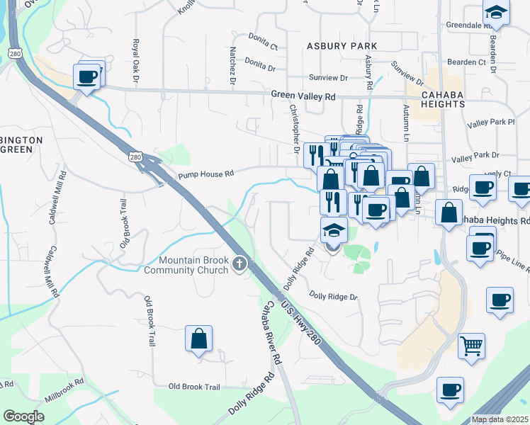 map of restaurants, bars, coffee shops, grocery stores, and more near 3003 Dolly Ridge Drive in Vestavia Hills