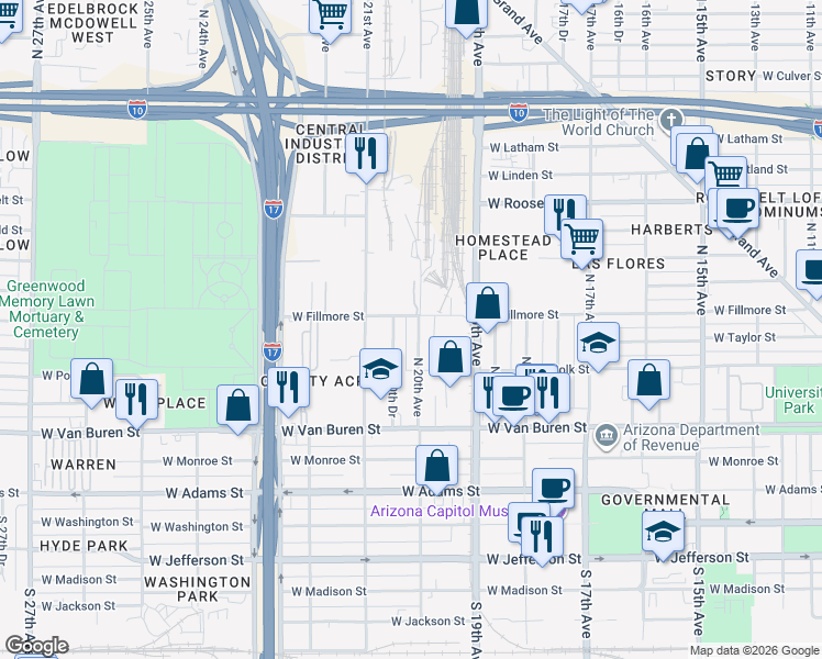 map of restaurants, bars, coffee shops, grocery stores, and more near 438 North 20th Avenue in Phoenix