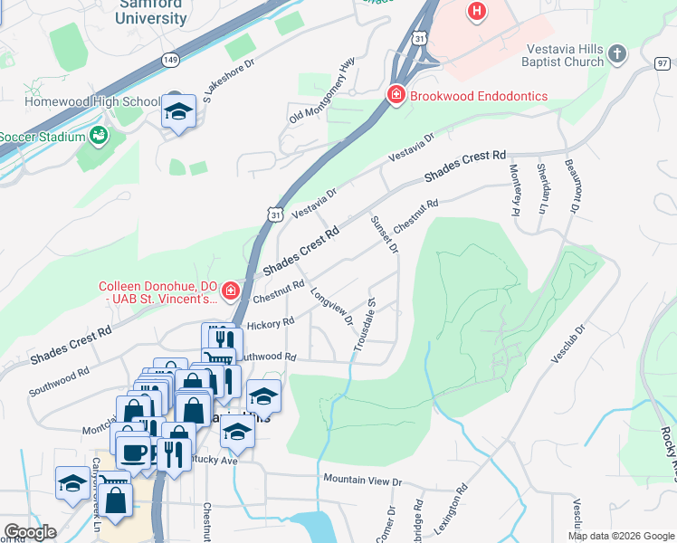 map of restaurants, bars, coffee shops, grocery stores, and more near 2117 Chestnut Road in Vestavia Hills