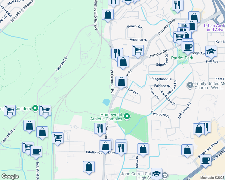 map of restaurants, bars, coffee shops, grocery stores, and more near 80 West Oxmoor Road in Birmingham