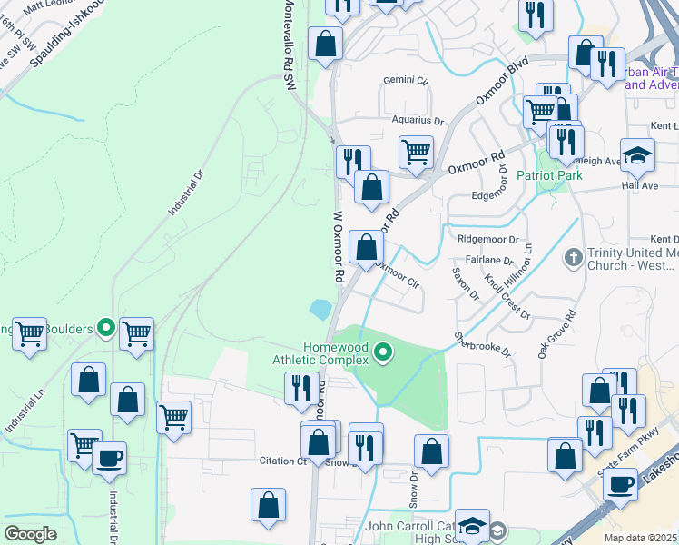 map of restaurants, bars, coffee shops, grocery stores, and more near 80 West Oxmoor Road in Birmingham