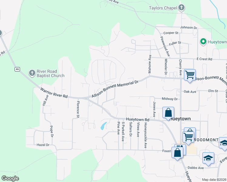 map of restaurants, bars, coffee shops, grocery stores, and more near 103 Louis Avenue in Hueytown