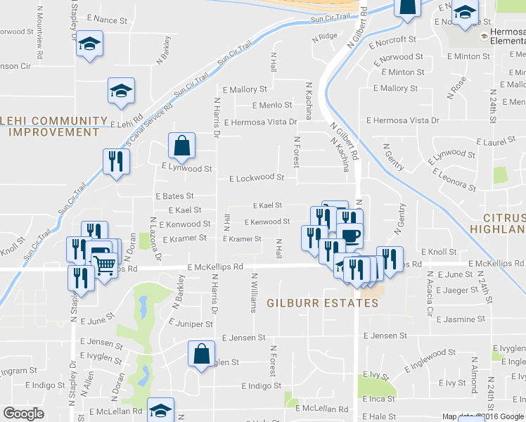 map of restaurants, bars, coffee shops, grocery stores, and more near 1725 East Kael Street in Mesa