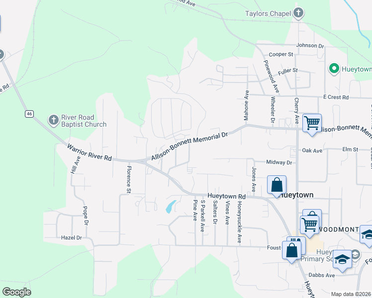 map of restaurants, bars, coffee shops, grocery stores, and more near 103 Louis Avenue in Hueytown