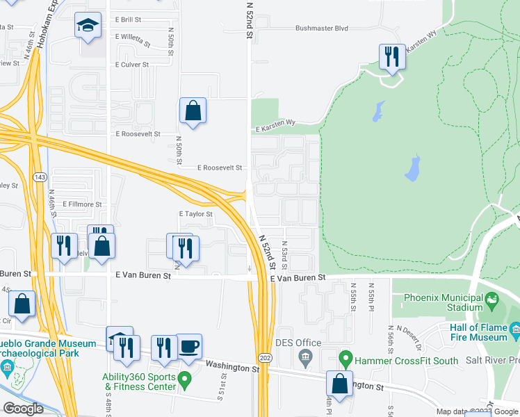 map of restaurants, bars, coffee shops, grocery stores, and more near 525 North 52nd Street in Phoenix