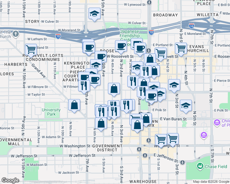 map of restaurants, bars, coffee shops, grocery stores, and more near 315 West Fillmore Street in Phoenix