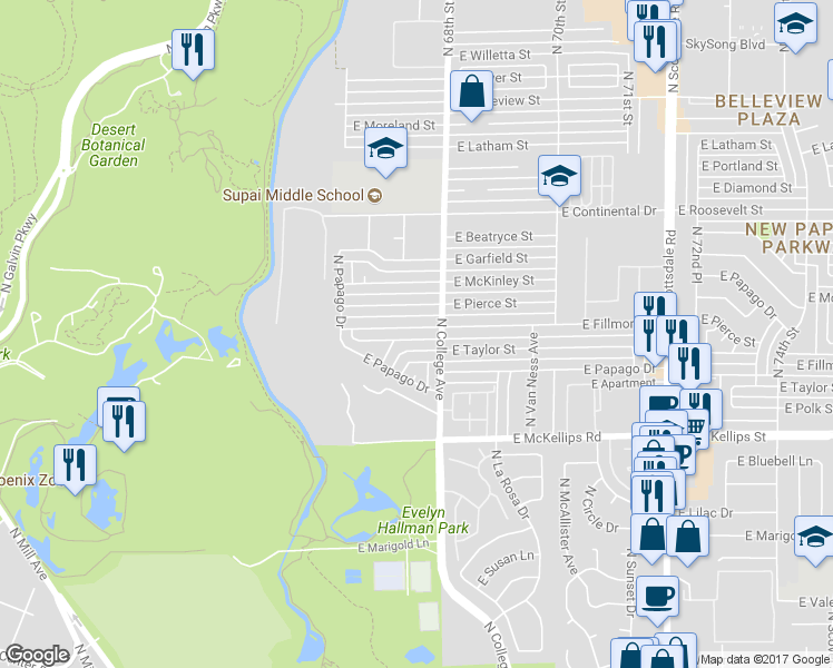 map of restaurants, bars, coffee shops, grocery stores, and more near 209 East Fillmore Street in Tempe