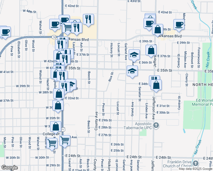 map of restaurants, bars, coffee shops, grocery stores, and more near 3307 Rice Street in Texarkana