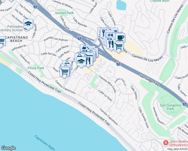 map of restaurants, bars, coffee shops, grocery stores, and more near 376 Plaza Estival in San Clemente