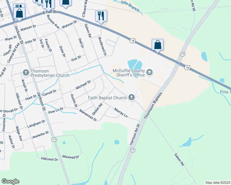 map of restaurants, bars, coffee shops, grocery stores, and more near 90 Shiloh Road in Thomson