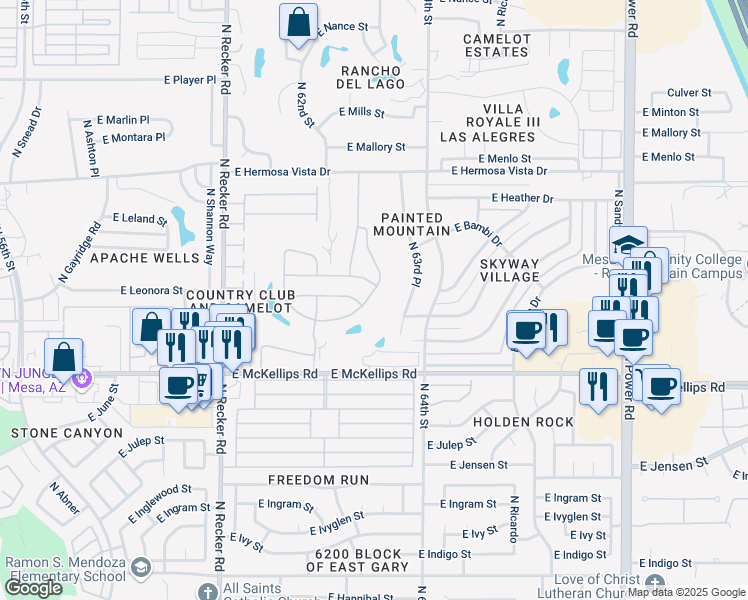 map of restaurants, bars, coffee shops, grocery stores, and more near 2112 North 63rd Place in Mesa
