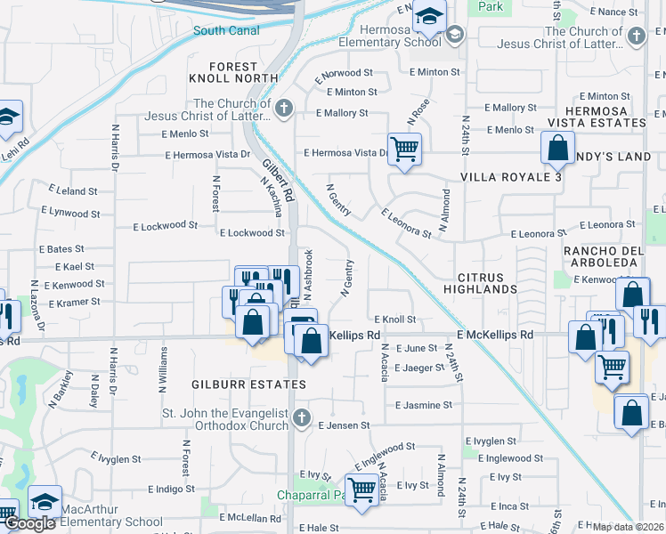 map of restaurants, bars, coffee shops, grocery stores, and more near 2043 East Kael Circle in Mesa