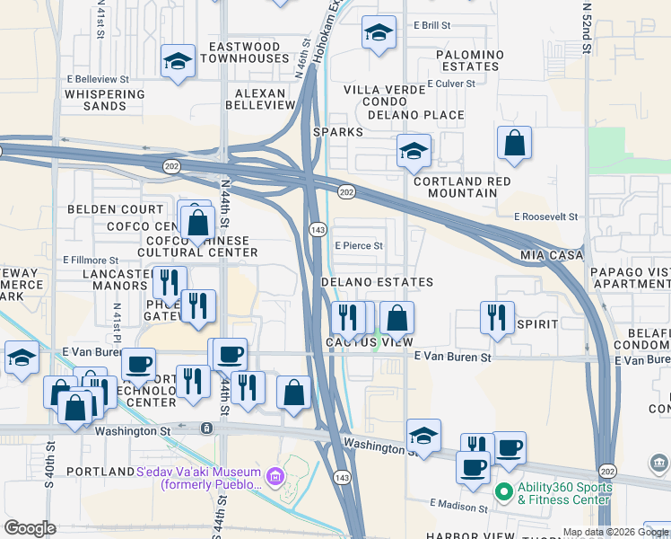 map of restaurants, bars, coffee shops, grocery stores, and more near 4607 East Fillmore Street in Phoenix