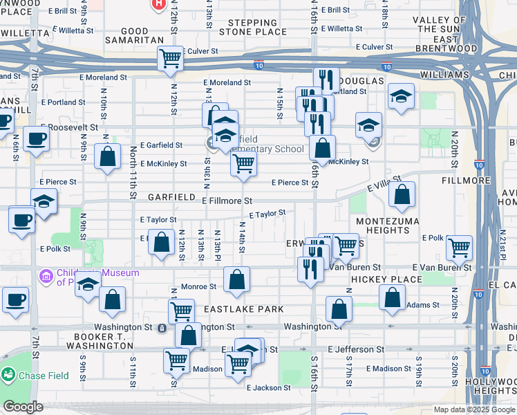 map of restaurants, bars, coffee shops, grocery stores, and more near 1413 East Fillmore Street in Phoenix