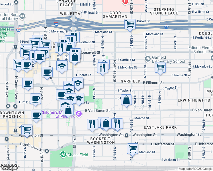 map of restaurants, bars, coffee shops, grocery stores, and more near 513 North 10th Street in Phoenix