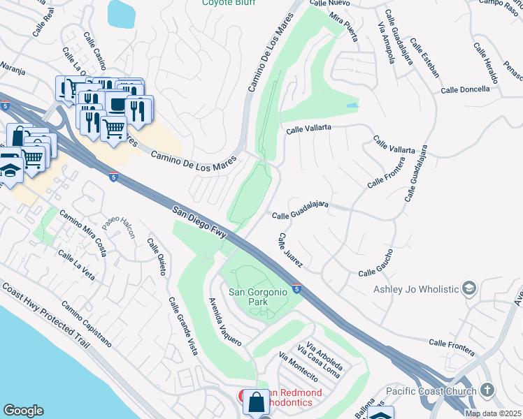 map of restaurants, bars, coffee shops, grocery stores, and more near 617 Avenue Vaquero in San Clemente