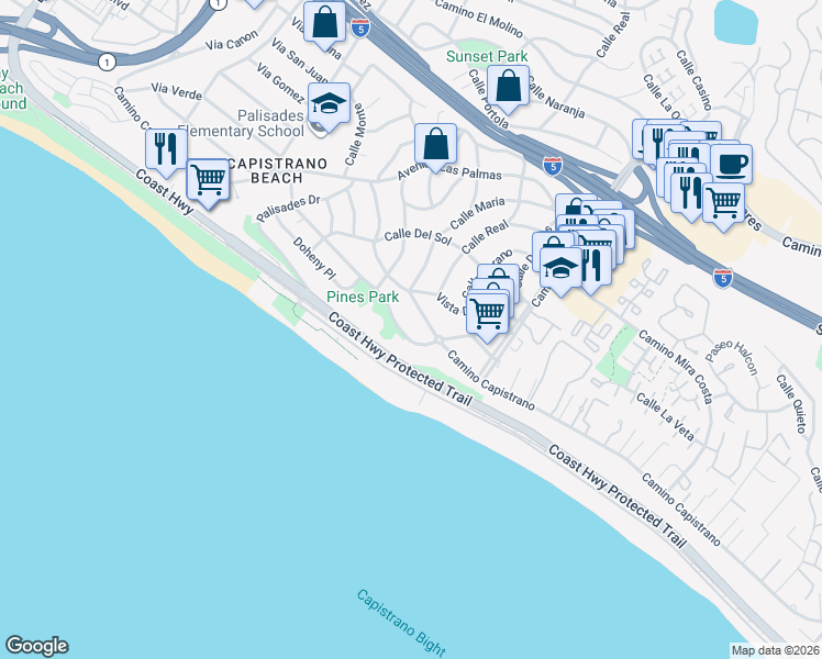 map of restaurants, bars, coffee shops, grocery stores, and more near 35009 Camino Capistrano in Dana Point