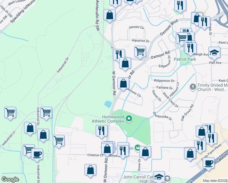 map of restaurants, bars, coffee shops, grocery stores, and more near 47 West Oxmoor Road in Birmingham