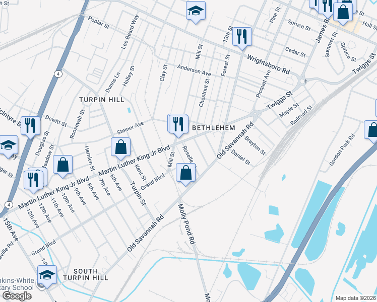 map of restaurants, bars, coffee shops, grocery stores, and more near 1157 Roselle Street in Augusta