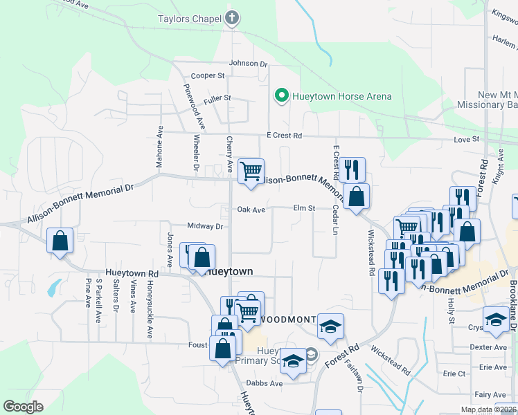 map of restaurants, bars, coffee shops, grocery stores, and more near 107 Oak Avenue in Hueytown