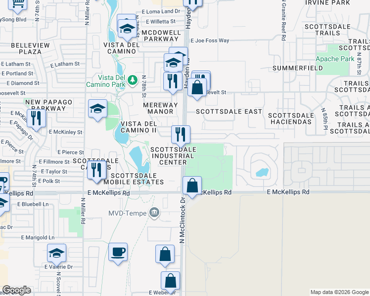 map of restaurants, bars, coffee shops, grocery stores, and more near 599 North Hayden Road in Scottsdale