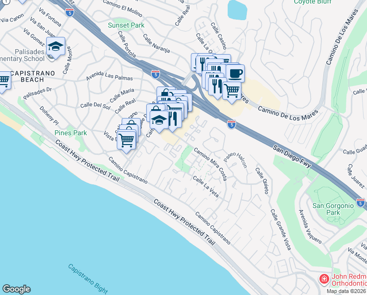 map of restaurants, bars, coffee shops, grocery stores, and more near 376 Plaza Estival in San Clemente