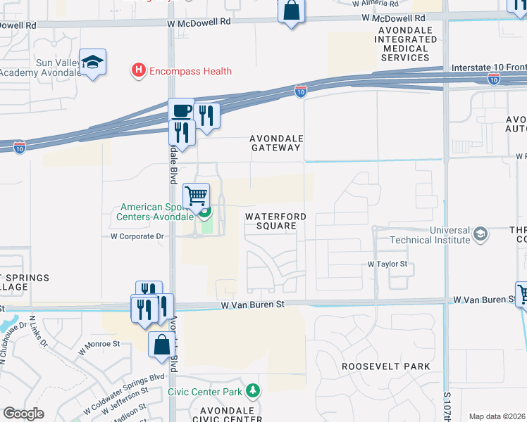 map of restaurants, bars, coffee shops, grocery stores, and more near 11190 West Baden Street in Avondale