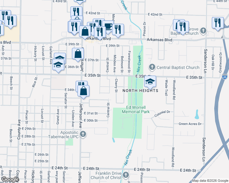 map of restaurants, bars, coffee shops, grocery stores, and more near 3319 Cherry Street in Texarkana