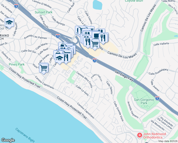 map of restaurants, bars, coffee shops, grocery stores, and more near 3522 Paseo Flamenco in San Clemente