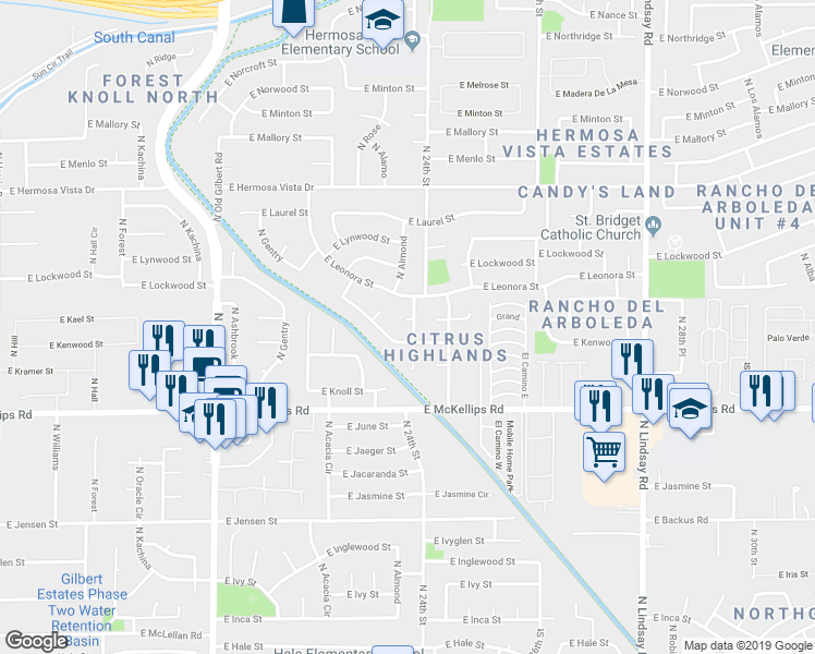 map of restaurants, bars, coffee shops, grocery stores, and more near 2357 East Kael Circle in Mesa
