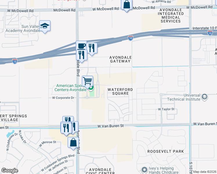 map of restaurants, bars, coffee shops, grocery stores, and more near 11242 West Baden Street in Avondale