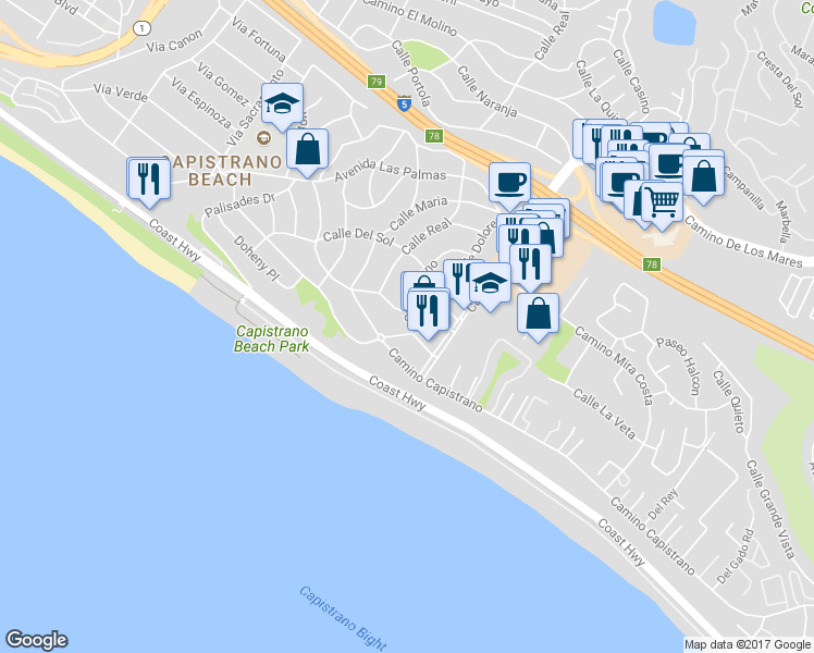 map of restaurants, bars, coffee shops, grocery stores, and more near 26835 Calle Verano in Dana Point