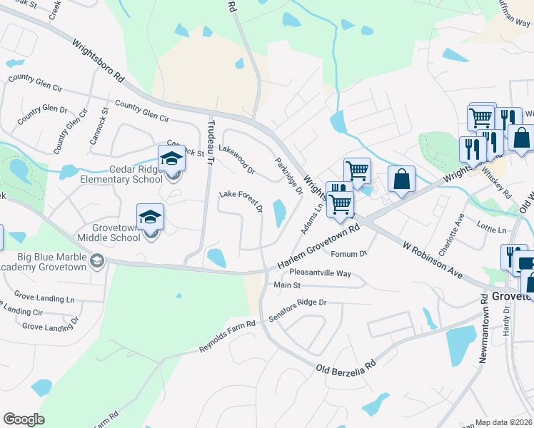 map of restaurants, bars, coffee shops, grocery stores, and more near 2022 Lake Forest Drive in Grovetown