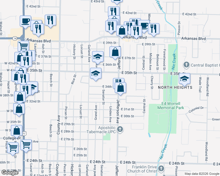 map of restaurants, bars, coffee shops, grocery stores, and more near 1108 East 34th Street in Texarkana