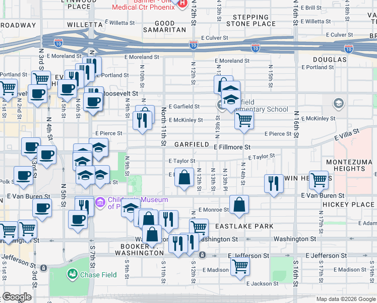 map of restaurants, bars, coffee shops, grocery stores, and more near 1149 East Fillmore Street in Phoenix